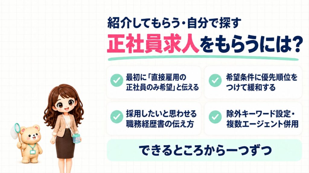 転職エージェントに紹介してもらう・自分で探す｜正社員求人をもらうには？最初に「直接雇用の正社員のみ希望」と伝える、希望条件に優先順位をつけて緩和する、採用したいと思わせる職務経歴書の伝え方、除外キーワード設定・複数エージェント併用。できるところから一つずつ。虫かごをかけたかなたんと、虫取り網を持つくまきちのイラスト。