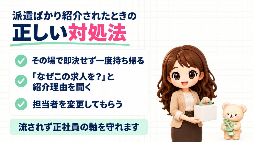 転職エージェントに派遣ばかり紹介されたときの正しい対処法。その場で即決せず一度持ち帰る、「なぜこの求人を？」と紹介理由を聞く、担当者を変更してもらう。流されず正社員の軸を守れます。持ち帰りの箱を運ぶかなたんと、いかりを抱えるくまきちのイラスト。