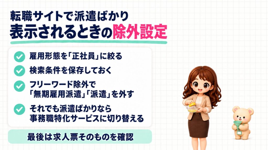 転職サイトで派遣ばかり表示されるときの除外設定。雇用形態を「正社員」に絞る、検索条件を保存しておく、フリーワード除外で「無期雇用派遣」「派遣」を外す、それでも派遣ばかりなら事務職特化サービスに切り替える。最後は求人票そのものを確認。レモンをしぼるかなたんと、じょうごを持つくまきちのイラスト。
