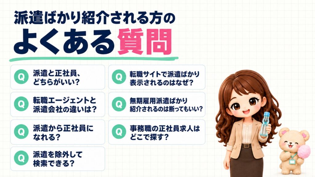 派遣ばかり紹介される方のよくある質問。派遣と正社員どちらがいい？転職エージェントと派遣会社の違いは？派遣から正社員になれる？派遣を除外して検索できる？転職サイトで派遣ばかり表示されるのはなぜ？無期雇用派遣ばかり紹介されるのは断ってもいい？事務職の正社員求人はどこで探す？ラムネのびんをかたむけるかなたんと、わたあめにさわるくまきちのイラスト。