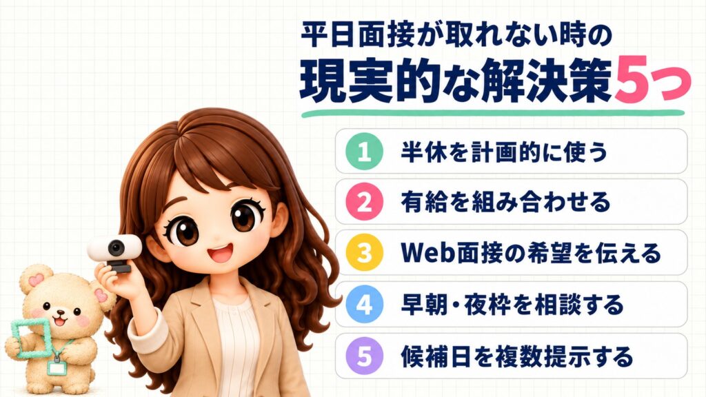 平日面接が取れない時の現実的な解決策5つ:①半休を計画的に使う②有給を組み合わせる③Web面接の希望を伝える④早朝・夜枠を相談する⑤候補日を複数提示する。ウェブカメラを持つかなたんと、四角い枠を持つくまきちのイラスト