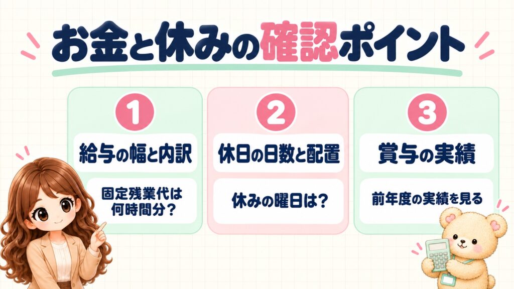 ハローワーク求人の確認ポイント①〜③(給与の幅と内訳・休日の日数と配置・賞与の実績)の図解