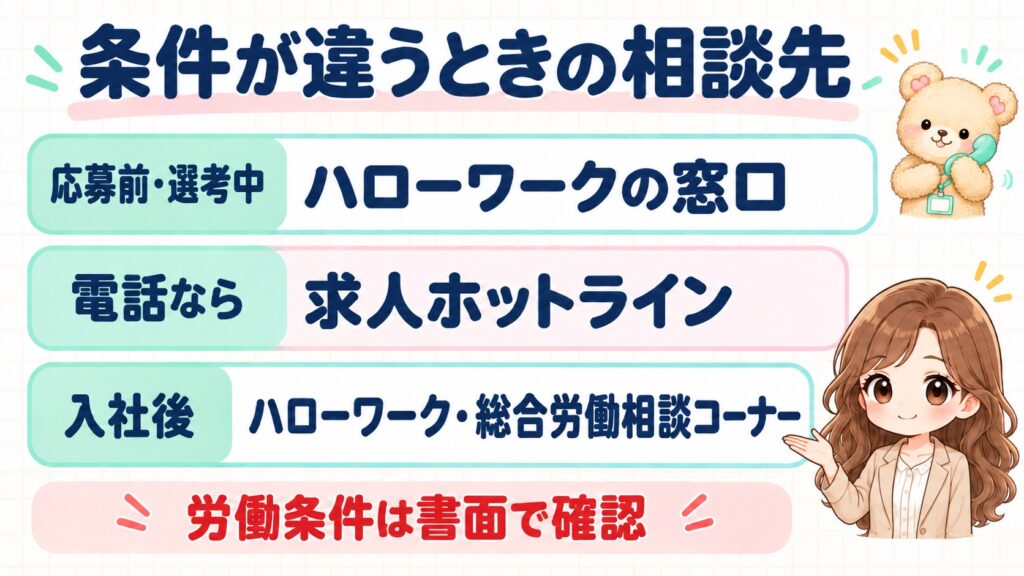 ハローワークの求人票と実際の条件が違うときの相談先(応募前・選考中はハローワークの窓口、電話なら求人ホットライン、入社後はハローワーク・総合労働相談コーナー)の図