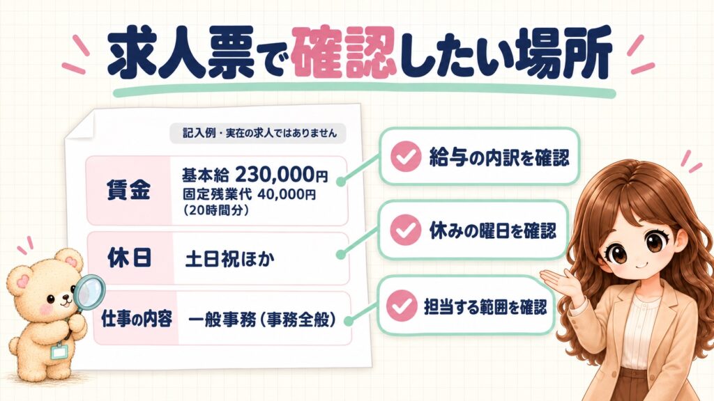 ハローワークの求人票(記入例)で、給与の内訳・休日・仕事内容の確認箇所を示した図