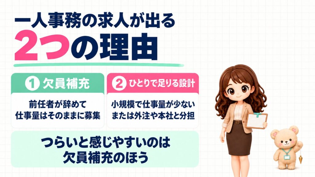 一人事務の求人が出る2つの理由：①欠員補充（前任者が辞めて仕事量はそのままに募集）②ひとりで足りる設計（小規模で仕事量が少ない、または外注や本社と分担）。つらいと感じやすいのは欠員補充のほう。製図板を持つかなたんと、下げ振りをたらすくまきちのイラスト