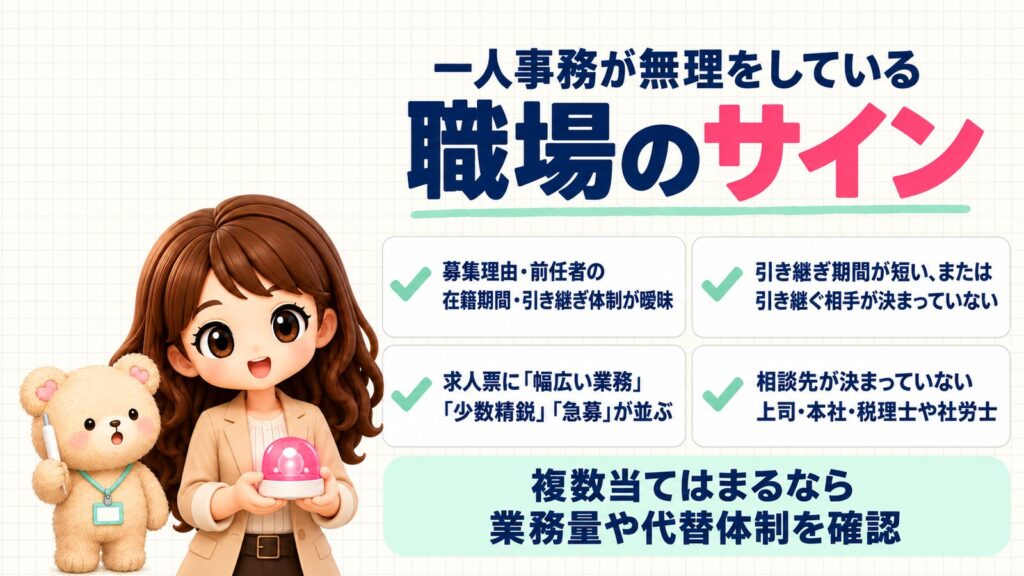 採用担当が見る一人事務が無理をしている職場のサイン：募集理由・前任者の在籍期間・引き継ぎ体制が曖昧、引き継ぎ期間が短い、または引き継ぐ相手が決まっていない、求人票に「幅広い業務」「少数精鋭」「急募」が並ぶ、相談先（上司・本社・税理士や社労士）が決まっていない。複数当てはまるなら業務量や代替体制を確認。おもちゃの回転灯を持つかなたんと、体温計を見るくまきちのイラスト