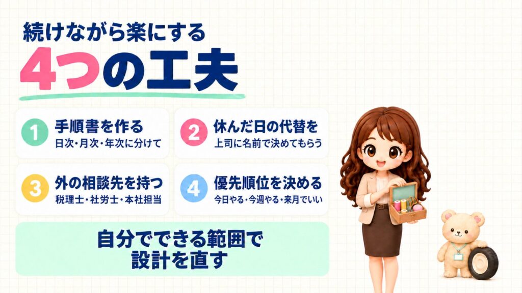 一人事務を続けながら楽にする4つの工夫（属人化を減らす）：①手順書を日次・月次・年次に分けて作る②休んだ日の代替を上司に名前で決めてもらう③税理士・社労士・本社担当など外の相談先を持つ④優先順位を決める（今日やる・今週やる・来月でいい）。自分でできる範囲で設計を直す。裁縫箱を持つかなたんと、スペアタイヤを支えるくまきちのイラスト