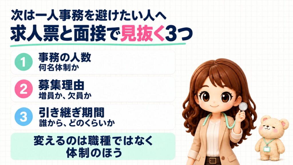 次は一人事務を避けたい人へ、求人票の注意点と面接で見抜く3つ：①事務の人数（何名体制か）②募集理由（増員か、欠員か）③引き継ぎ期間（誰から、どのくらいか）。変えるのは職種ではなく体制のほう。おもちゃの聴診器を見せるかなたんと、においをかぎ分けるくまきちのイラスト