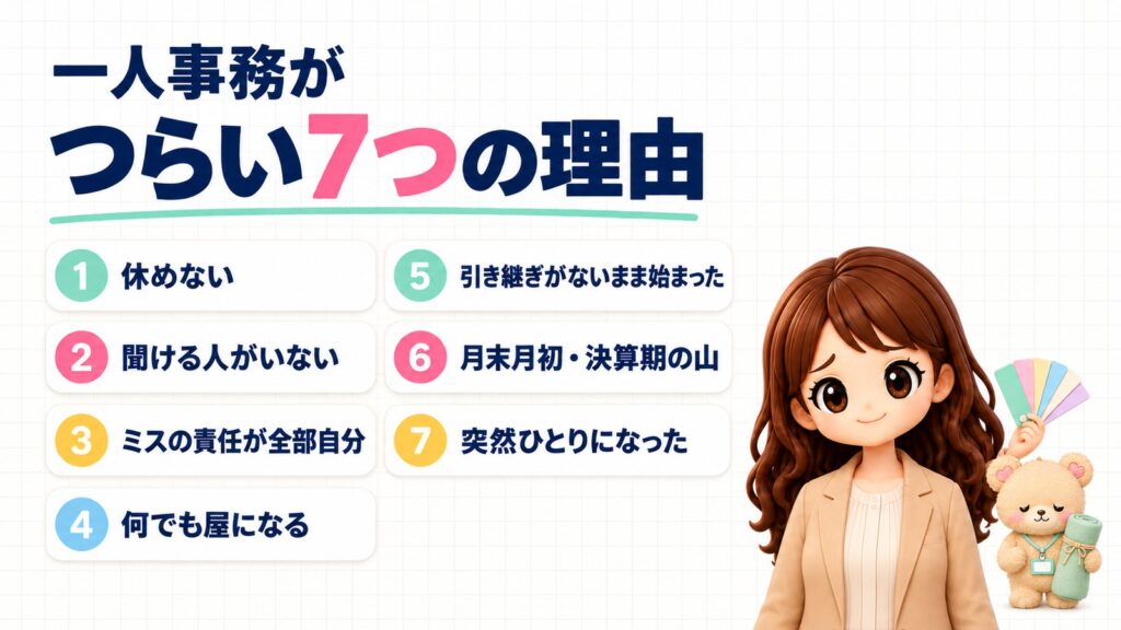 一人事務がつらい7つの理由：①休めない②聞ける人がいない③ミスの責任が全部自分④何でも屋になる⑤引き継ぎがないまま始まった⑥月末月初・決算期の山⑦突然ひとりになった。色見本を広げて見せるかなたんと、寝袋をかかえて眠そうなくまきちのイラスト