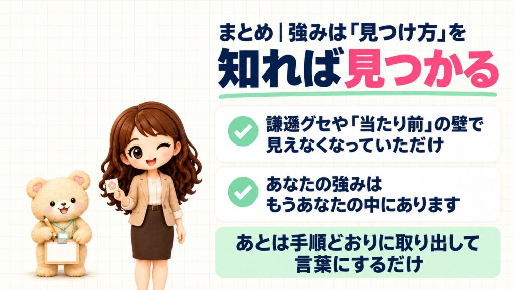 まとめ|強みは「見つけ方」を知れば見つかる。謙遜グセや「当たり前」の壁で見えなくなっていただけ。あなたの強みはもうあなたの中にあります。あとは手順どおりに取り出して言葉にするだけ。切手を持つかなたんと、画板をさげたくまきちのイラスト