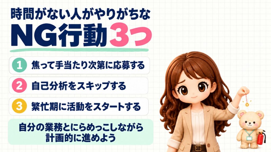 時間がない人がやりがちなNG行動3つ:①焦って手当たり次第に応募する②自己分析をスキップする③繁忙期に活動をスタートする。自分の業務とにらめっこしながら計画的に進めよう。線香花火を持つかなたんと、おもちゃの消火器を持つくまきちのイラスト