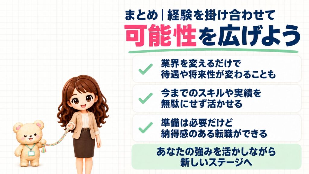 まとめ：経験を掛け合わせてキャリアの可能性を広げよう。業界を変えるだけで待遇や将来性が変わることも、スキルや実績を無駄にせず活かせる、準備は必要だけど納得感のある転職ができる。組みひもを2人で持つかなたんとくまきちのイラスト。