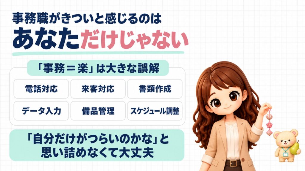 事務職がきついと感じるのはあなただけじゃない。「事務＝楽」は大きな誤解（電話対応・来客対応・書類作成・データ入力・備品管理・スケジュール調整）。「自分だけがつらいのかな」と思い詰めなくて大丈夫。布のつるし飾りを持つかなたんと、洋梨を持つくまきちのイラスト