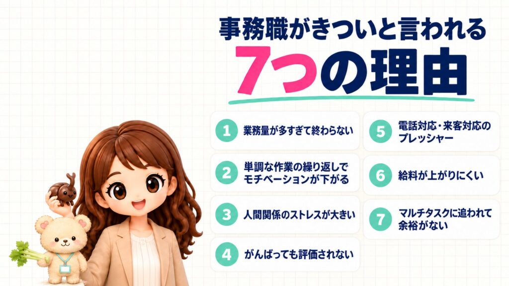 事務職がきついと言われる7つの理由。①業務量が多すぎて終わらない②単調な作業の繰り返しでモチベーションが下がる③人間関係のストレスが大きい④がんばっても評価されない⑤電話対応・来客対応のプレッシャー⑥給料が上がりにくい⑦マルチタスクに追われて余裕がない。カブトムシのぬいぐるみを持つかなたんと、セロリを持つくまきちのイラスト
