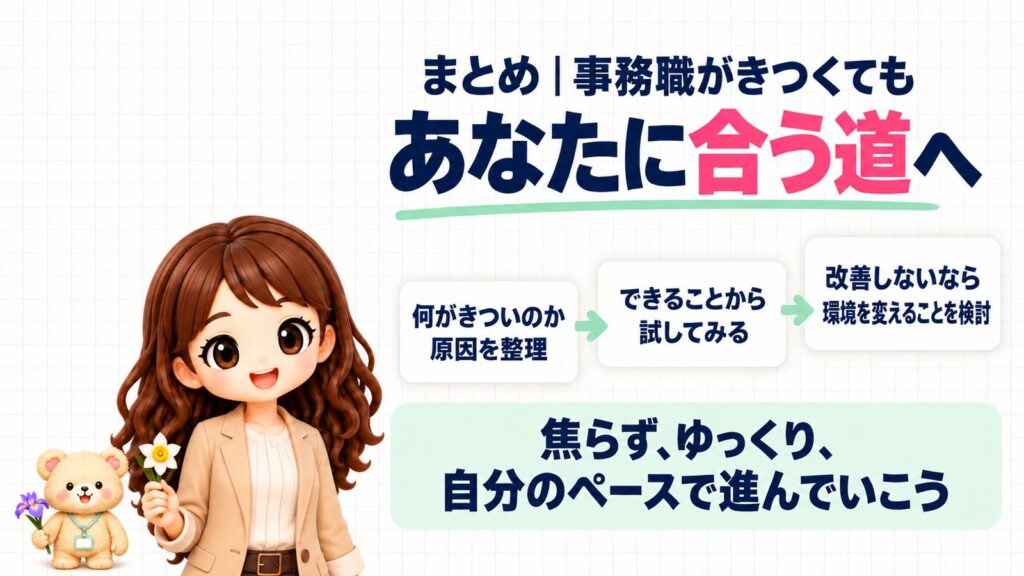まとめ｜事務職がきつくてもあなたに合う道へ。何がきついのか原因を整理、できることから試してみる、改善しないなら環境を変えることを検討。焦らず、ゆっくり、自分のペースで進んでいこう。スイセンの花を持つかなたんと、アヤメの花を持つくまきちのイラスト