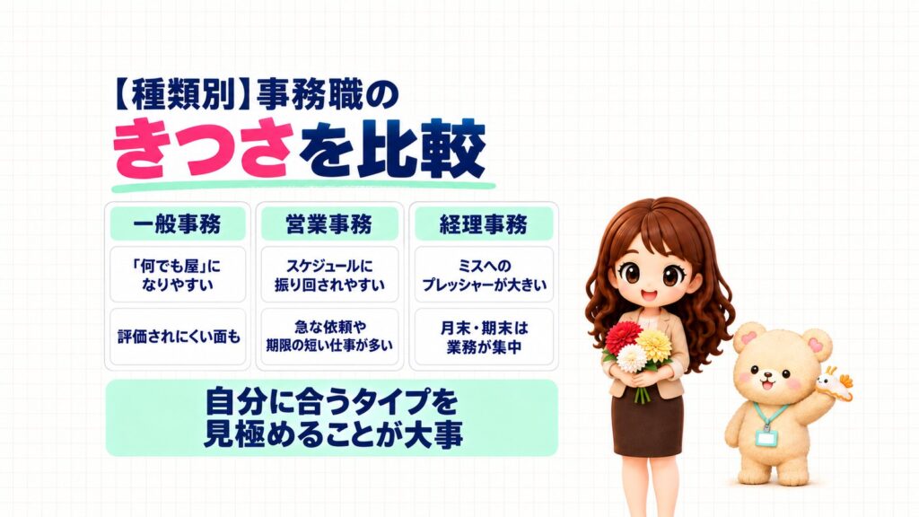 【種類別】事務職のきつさを比較。一般事務は「何でも屋」になりやすい・評価されにくい面も、営業事務はスケジュールに振り回されやすい・急な依頼や期限の短い仕事が多い、経理事務はミスへのプレッシャーが大きい・月末・期末は業務が集中。自分に合うタイプを見極めることが大事。色ちがいのダリアの花を持つかなたんと、ウミウシのぬいぐるみを持つくまきちのイラスト