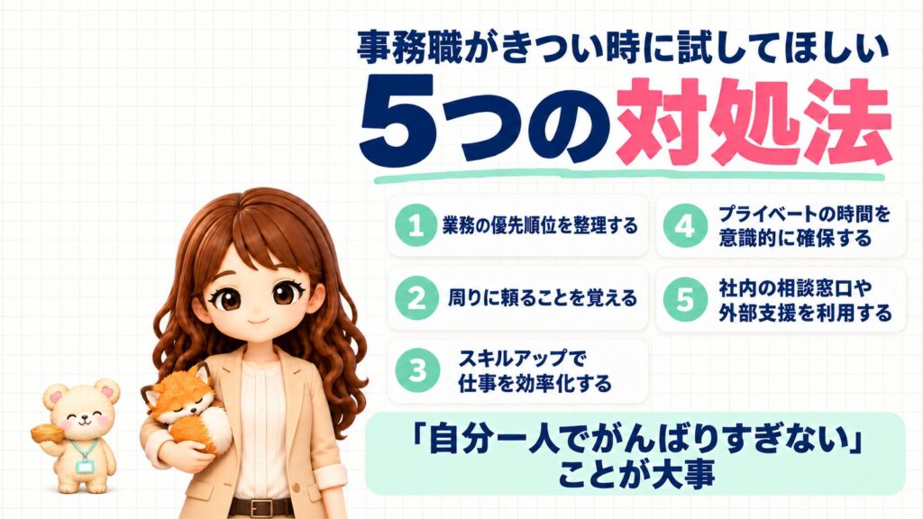 事務職がきつい時に試してほしい5つの対処法。①業務の優先順位を整理する②周りに頼ることを覚える③スキルアップで仕事を効率化する④プライベートの時間を意識的に確保する⑤社内の相談窓口や外部支援を利用する。「自分一人でがんばりすぎない」ことが大事。眠るキツネのぬいぐるみをかかえるかなたんと、いなり寿司を持つくまきちのイラスト