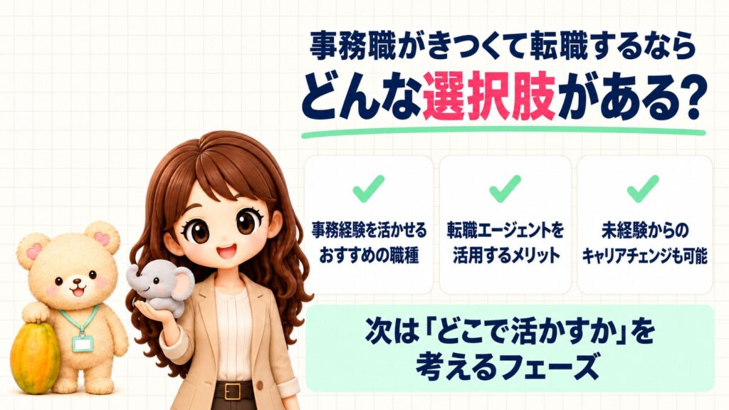 事務職がきつくて転職するならどんな選択肢がある？事務経験を活かせるおすすめの職種・転職エージェントを活用するメリット・未経験からのキャリアチェンジも可能。次は「どこで活かすか」を考えるフェーズ。ゾウの子のぬいぐるみを持つかなたんと、パパイヤに前足をのせるくまきちのイラスト