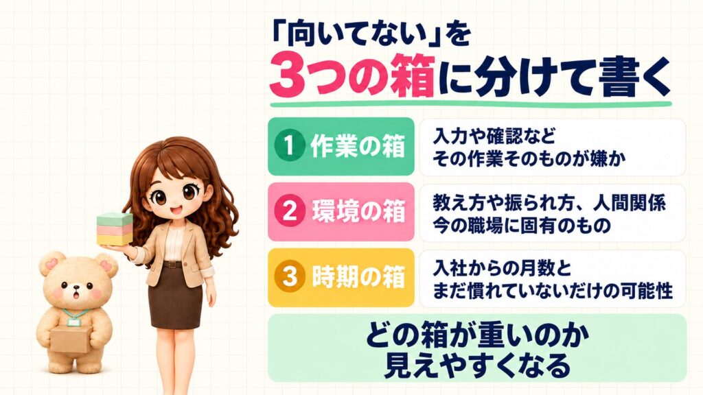 事務に向いてないと感じたときの対処法①、「向いてない」を3つの箱に分けて書く：①作業の箱（入力や確認など、その作業そのものが嫌か）②環境の箱（教え方や振られ方、人間関係など、今の職場に固有のもの）③時期の箱（入社からの月数と、まだ慣れていないだけの可能性）。どの箱が重いのか見えやすくなる。3段の重箱を持つかなたんと、段ボール箱をかかえるくまきちのイラスト