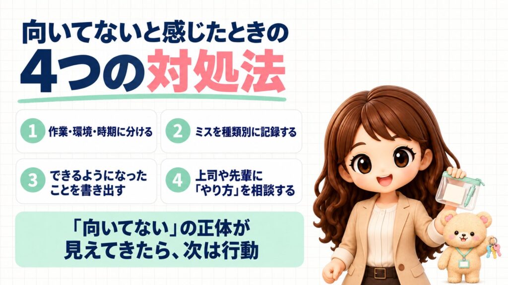 事務に向いてないと感じたときの4つの対処法：①作業・環境・時期に分ける②ミスを種類別に記録する③できるようになったことを書き出す④上司や先輩に「やり方」を相談する。「向いてない」の正体が見えてきたら、次は行動。透明のポーチを持つかなたんと、鍵束を持つくまきちのイラスト