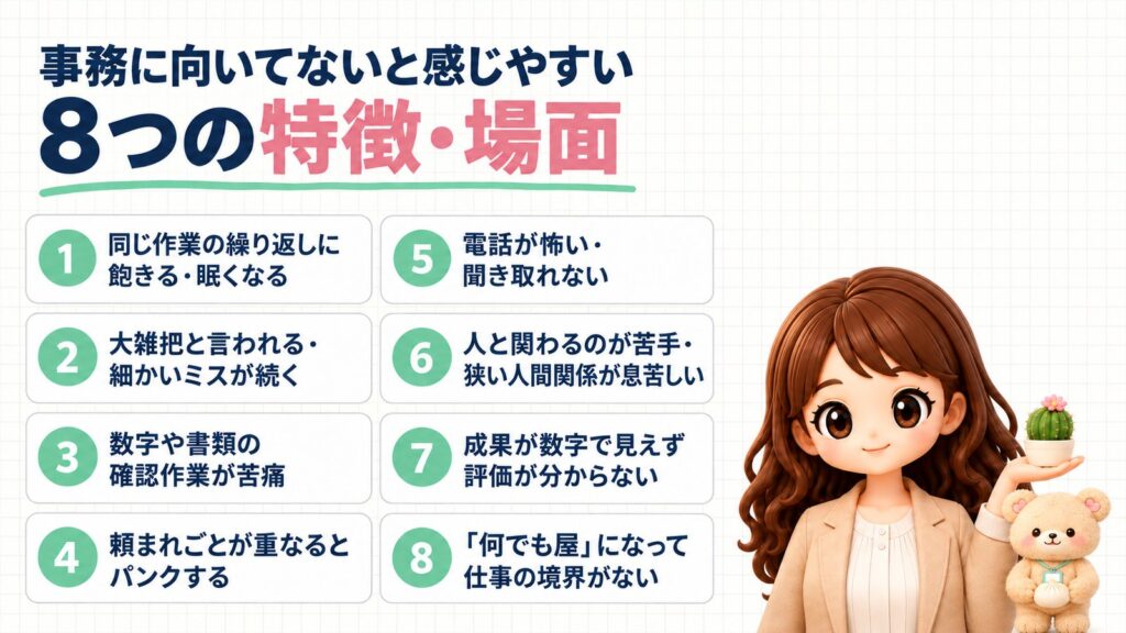 事務に向いてないと感じやすい8つの特徴・場面：①同じ作業の繰り返しに飽きる・眠くなる②大雑把と言われる・細かいミスが続く③数字や書類の確認作業が苦痛④頼まれごとが重なるとパンクする⑤電話が怖い・聞き取れない⑥人と関わるのが苦手・狭い人間関係が息苦しい⑦成果が数字で見えず評価が分からない⑧「何でも屋」になって仕事の境界がない。サボテンを手にのせたかなたんと、中華まんを持つくまきちのイラスト