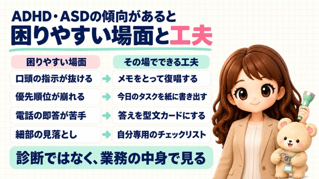 ADHD・ASDの傾向があると事務で困りやすい場面と、その場でできる工夫。口頭の指示が抜ける→メモをとって復唱する、優先順位が崩れる→今日のタスクを紙に書き出す、電話の即答が苦手→答えを型文カードにする、細部の見落とし→自分専用のチェックリスト。診断ではなく、業務の中身で見る。懐中電灯を持つかなたんと、知恵の輪を持つくまきちのイラスト