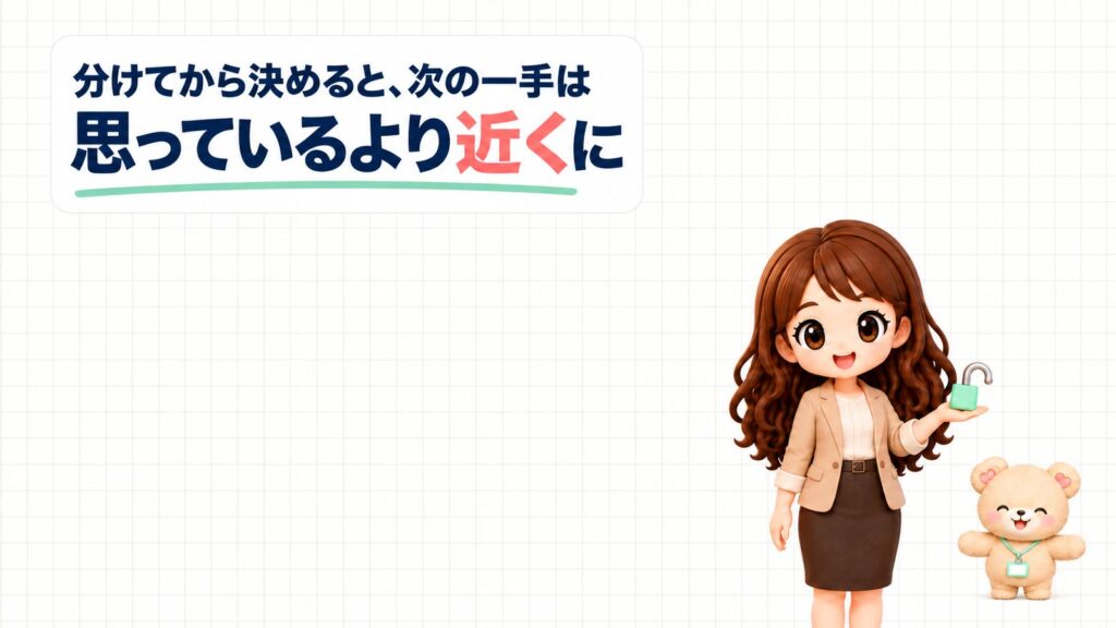 「向いてない」の正体を分けてから決めると、次の一手は思っているより近くに、と伝えるまとめのメッセージ。ひらいた南京錠を持つかなたんと、両手をぱっとひらくくまきちのイラスト