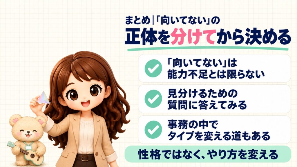 まとめ｜「向いてない」の正体を分けてから決める。「向いてない」は能力不足とは限らない、見分けるための質問に答えてみる、事務の中でタイプを変える道もある。性格ではなく、やり方を変える。プリズムを持つかなたんと、おもちゃのギターを持つくまきちのイラスト