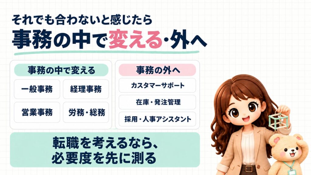それでも事務が合わないと感じたら、事務の中で変える（一般事務・経理事務・営業事務・労務・総務）か、事務の外へ（カスタマーサポート・在庫・発注管理・採用・人事アシスタント）。転職を考えるなら、必要度を先に測る。ジャングルジムのおもちゃを持つかなたんと、遠くを見わたすくまきちのイラスト