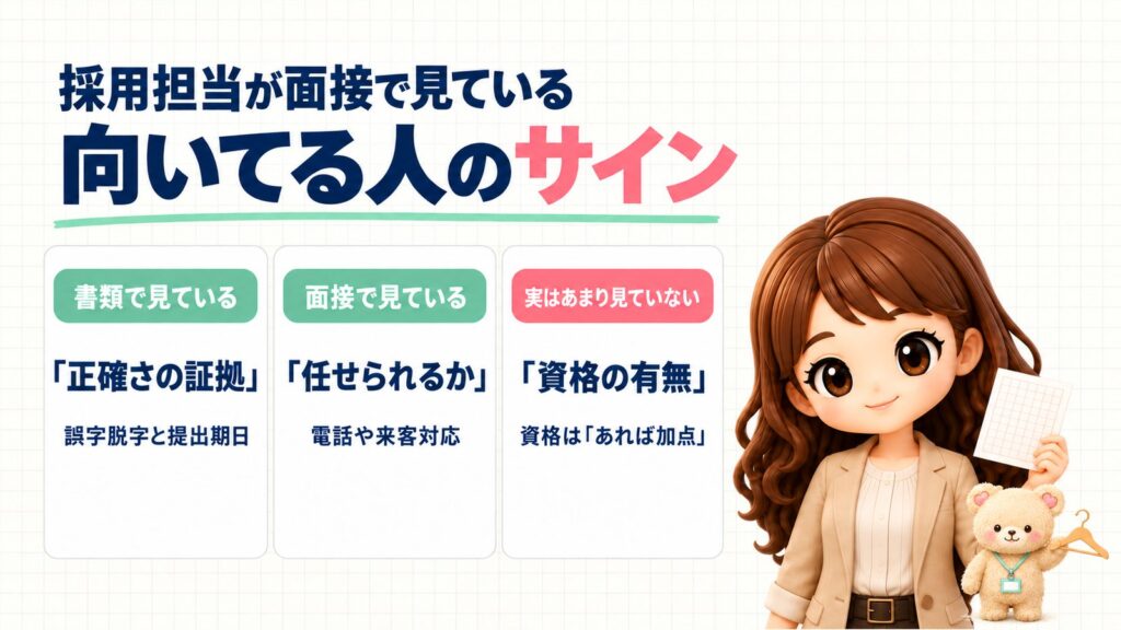 採用担当が面接で見ている「事務職に向いてる人」のサイン。書類で見ているのは「正確さの証拠」(誤字脱字と提出期日)、面接で見ているのは「任せられるか」(電話や来客対応)、実はあまり見ていないのは「資格の有無」(資格は「あれば加点」)。原稿用紙を持つかなたんと、ハンガーを持つくまきちのイラスト