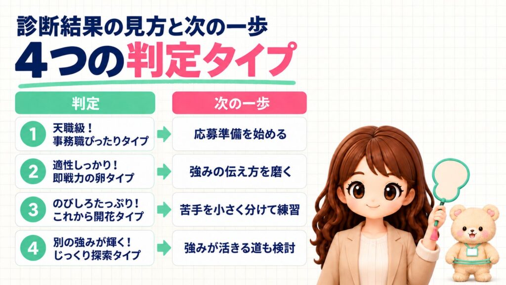 事務職に向いてる人 診断の結果の見方。4つの判定タイプの意味と次の一歩:①天職級!事務職ぴったりタイプは応募準備を始める、②適性しっかり!即戦力の卵タイプは強みの伝え方を磨く、③のびしろたっぷり!これから開花タイプは苦手を小さく分けて練習、④別の強みが輝く!じっくり探索タイプは強みが活きる道も検討。軍配を持つかなたんと、輪ゴムをのばすくまきちのイラスト