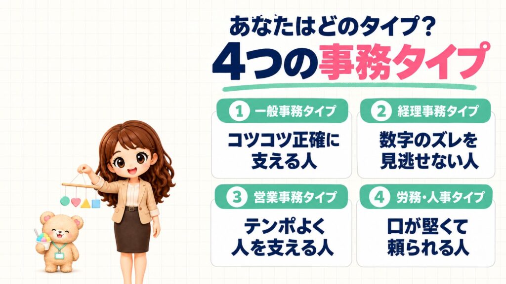 事務職に向いてる人 診断でわかる4つの事務タイプ別の向き不向き。①一般事務タイプはコツコツ正確に支える人、②経理事務タイプは数字のズレを見逃せない人、③営業事務タイプはテンポよく人を支える人、④労務・人事タイプは口が堅くて頼られる人。モビールを持つかなたんと、かき氷を持つくまきちのイラスト