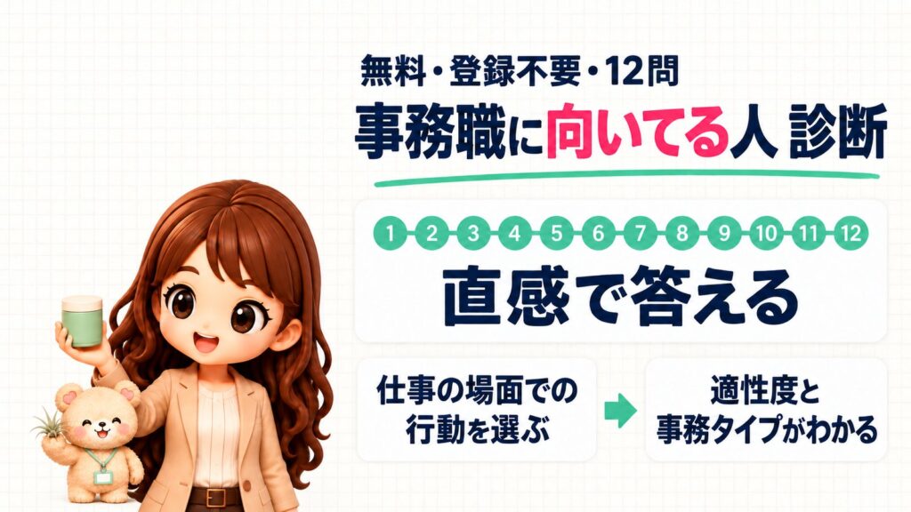 事務職に向いてる人 診断は無料・登録不要・12問。直感で答えて、仕事の場面での行動を選ぶ形式。適性度と事務タイプがわかる。茶筒を持つかなたんと、エアプランツを手にのせたくまきちのイラスト