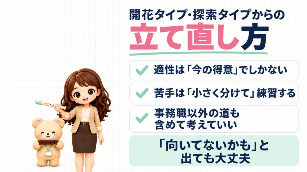 「向いてないかも」と出ても大丈夫。開花タイプ・探索タイプからの立て直し方:適性は「今の得意」でしかない、苦手は「小さく分けて」練習する、事務職以外の道も含めて考えていい。たて笛を持つかなたんと、切り分けたようかんを持つくまきちのイラスト