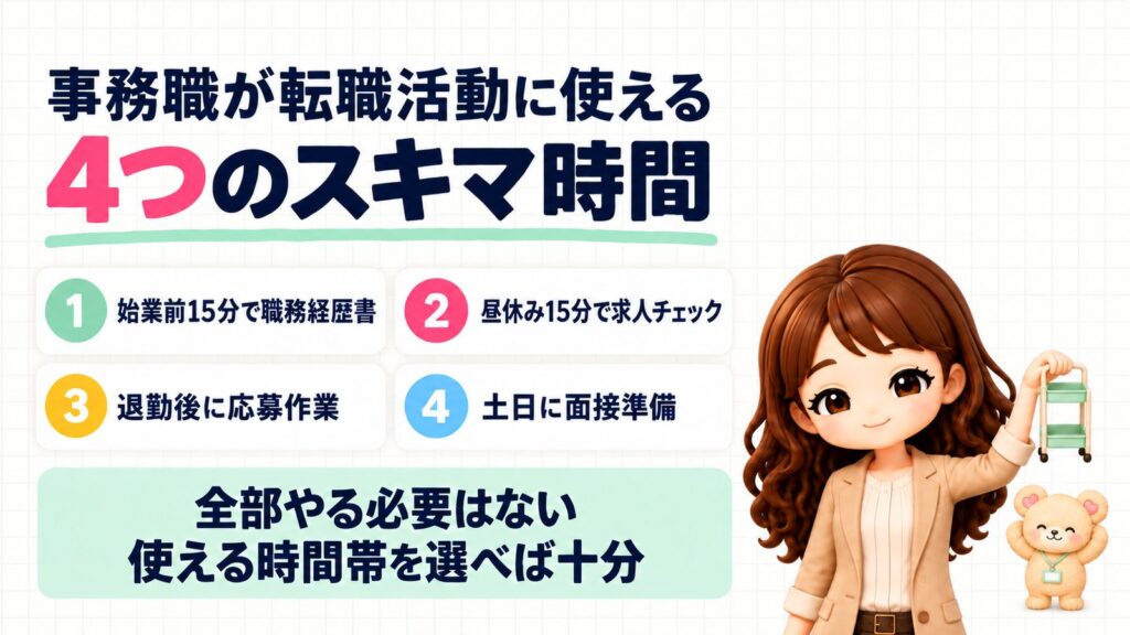 事務職が転職活動に使える4つのスキマ時間:①始業前15分で職務経歴書②昼休み15分で求人チェック③退勤後に応募作業④土日に面接準備。全部やる必要はなく、使える時間帯を選べば十分。細いワゴンを持つかなたんと、頭のうしろで手を組むくまきちのイラスト