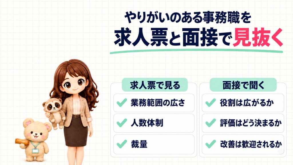やりがいのある事務職を求人票と面接で見抜く。求人票で見る(業務範囲の広さ・人数体制・裁量)、面接で聞く(役割は広がるか・評価はどう決まるか・改善は歓迎されるか)。スローロリスのぬいぐるみを持つかなたんと、春巻きを持つくまきちのイラスト