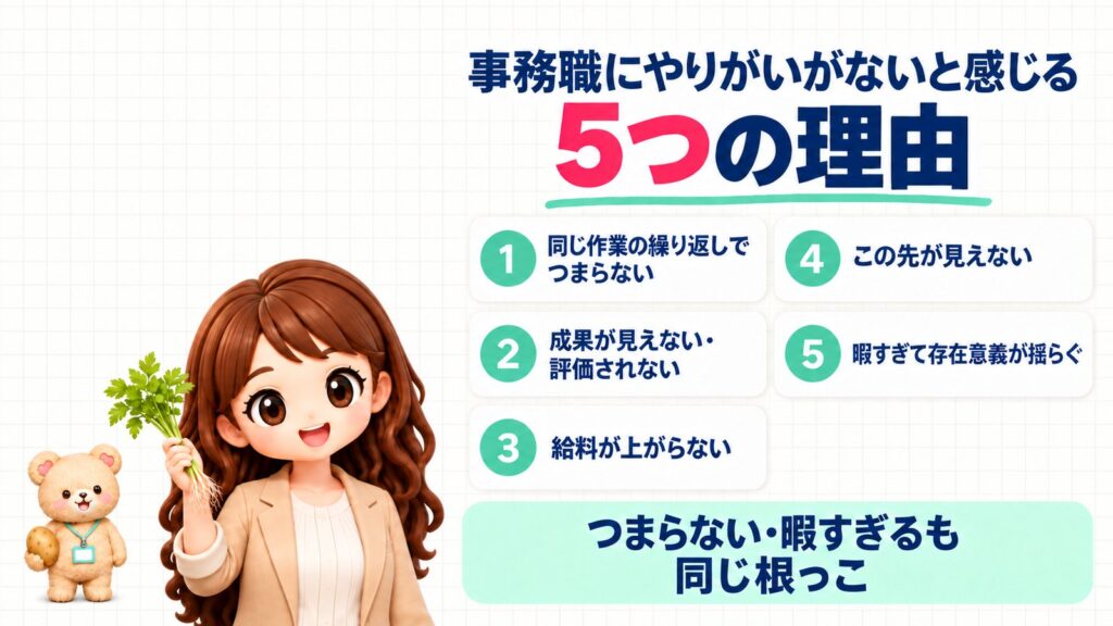 事務職にやりがいがないと感じる5つの理由。①同じ作業の繰り返しでつまらない②成果が見えない・評価されない③給料が上がらない④この先が見えない⑤暇すぎて存在意義が揺らぐ。つまらない・暇すぎるも同じ根っこ。根つきのせりを持つかなたんと、じゃがいもを持つくまきちのイラスト