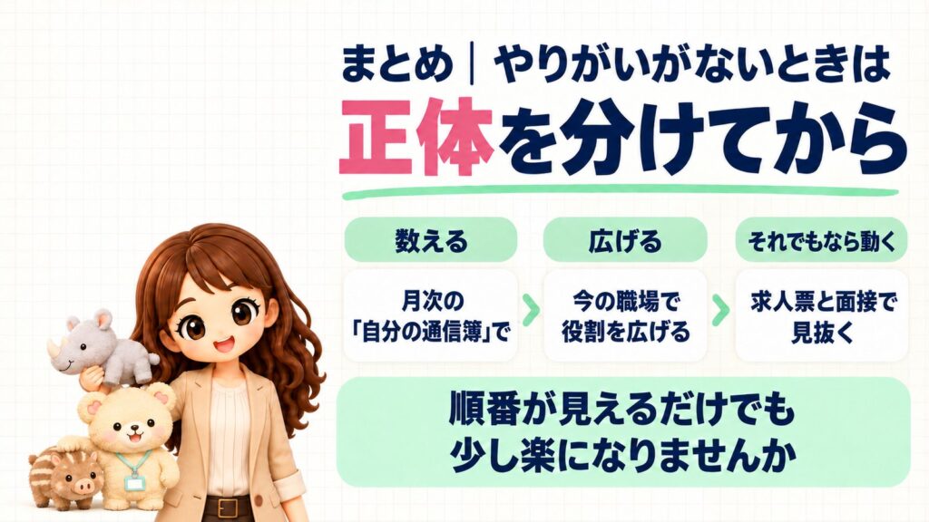 事務職にやりがいがないときのまとめ。正体を分けてから、数える(月次の「自分の通信簿」で)→広げる(今の職場で役割を広げる)→それでもなら動く(求人票と面接で見抜く)。順番が見えるだけでも少し楽になりませんか。サイの子のぬいぐるみを持つかなたんと、ウリ坊のぬいぐるみと並ぶくまきちのイラスト
