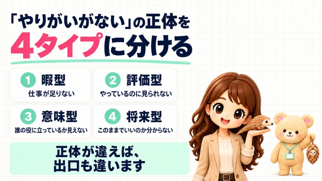 事務職の「やりがいがない」の正体を4タイプに分ける。①暇型=仕事が足りない②評価型=やっているのに見られない③意味型=誰の役に立っているか見えない④将来型=このままでいいのか分からない。正体が違えば、出口も違います。センザンコウのぬいぐるみを持つかなたんと、ミノムシのぬいぐるみを持つくまきちのイラスト