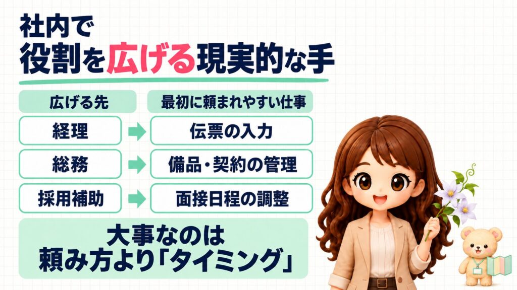 事務職が社内で役割を広げる現実的な手。広げる先と最初に頼まれやすい仕事(経理=伝票の入力・総務=備品・契約の管理・採用補助=面接日程の調整)。大事なのは頼み方より「タイミング」。クレマチスの切り枝を持つかなたんと、おもちゃの屏風を持つくまきちのイラスト