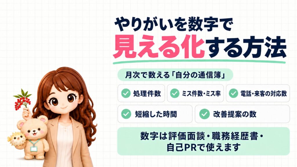 事務のやりがいを数字で見える化する方法。月次で数える「自分の通信簿」(処理件数・ミス件数・ミス率・電話・来客の対応数・短縮した時間・改善提案の数)。数字は評価面談・職務経歴書・自己PRで使えます。南天の小枝を持つかなたんと、ハリセンボンのぬいぐるみを持つくまきちのイラスト