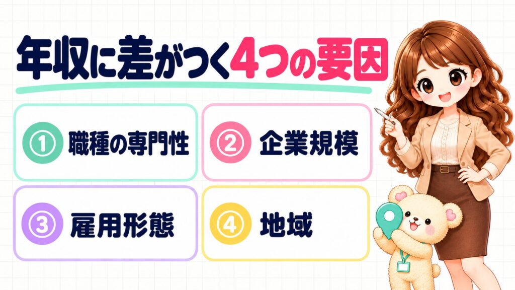 同じ事務職でも年収に差がつく4つの要因(①職種の専門性・②企業規模・③雇用形態・④地域)の図解