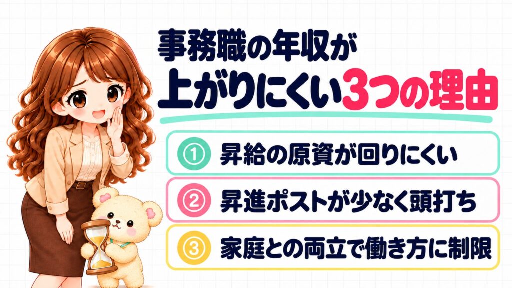 事務職の年収が上がりにくい3つの理由(①昇給の原資が回りにくい・②昇進ポストが少なく頭打ち・③家庭との両立で働き方に制限)を採用担当の目線で解説する図解