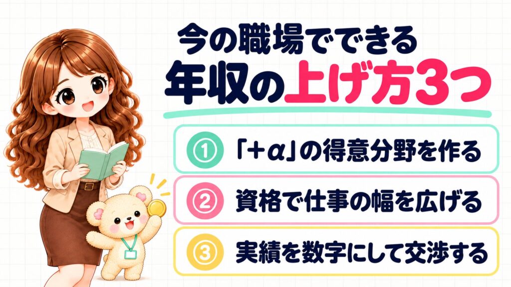 今の職場でできる年収の上げ方3つ(①「+α」の得意分野を作る・②資格で仕事の幅を広げる・③実績を数字にして交渉する)の図解