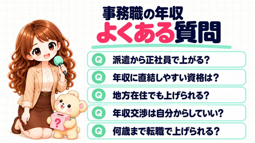 事務職の年収についてよくある質問(派遣から正社員で上がる?・年収に直結しやすい資格は?・地方在住でも上げられる?・年収交渉は自分からしていい?・何歳まで転職で上げられる?)