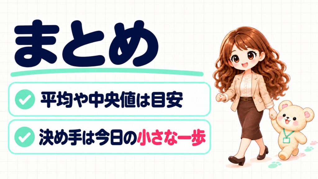 まとめ:平均や中央値は目安、決め手は今日の小さな一歩。手をつないで一歩ふみ出すかなたんとくまきちのイラスト