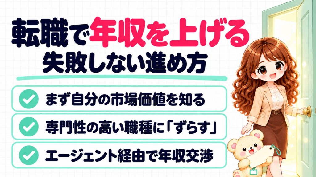 転職で年収を上げる進め方の図解(まず自分の市場価値を知る・専門性の高い職種に「ずらす」・エージェント経由で年収交渉)