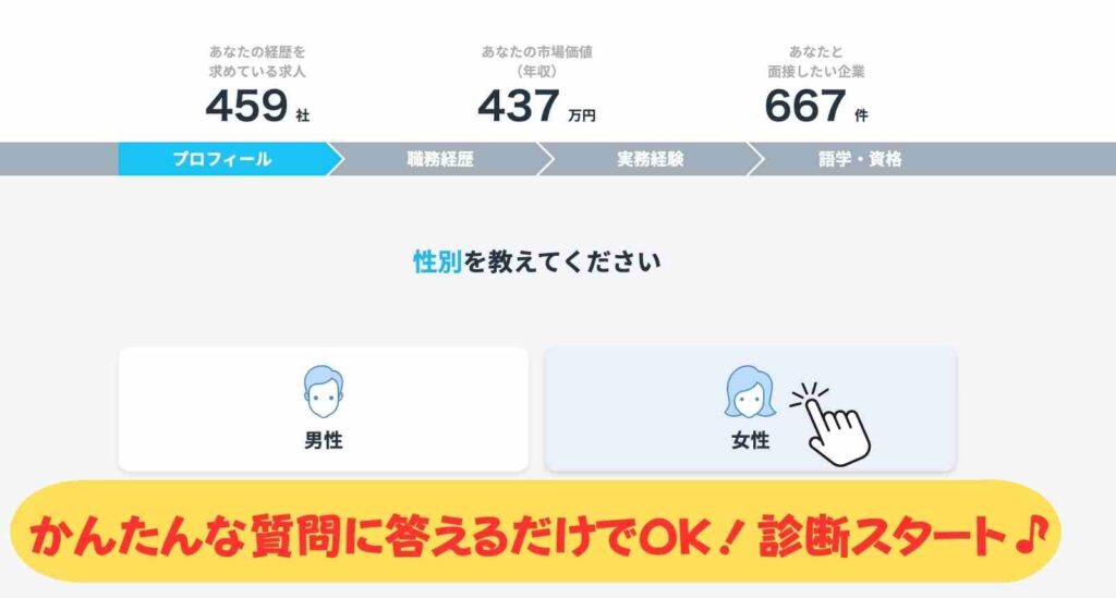ミイダス市場価値診断の質問画面。性別を選択するステップで、女性アイコンをクリックしている様子。下には『かんたんな質問に答えるだけでOK!診断スタート♪』のメッセージ入り。