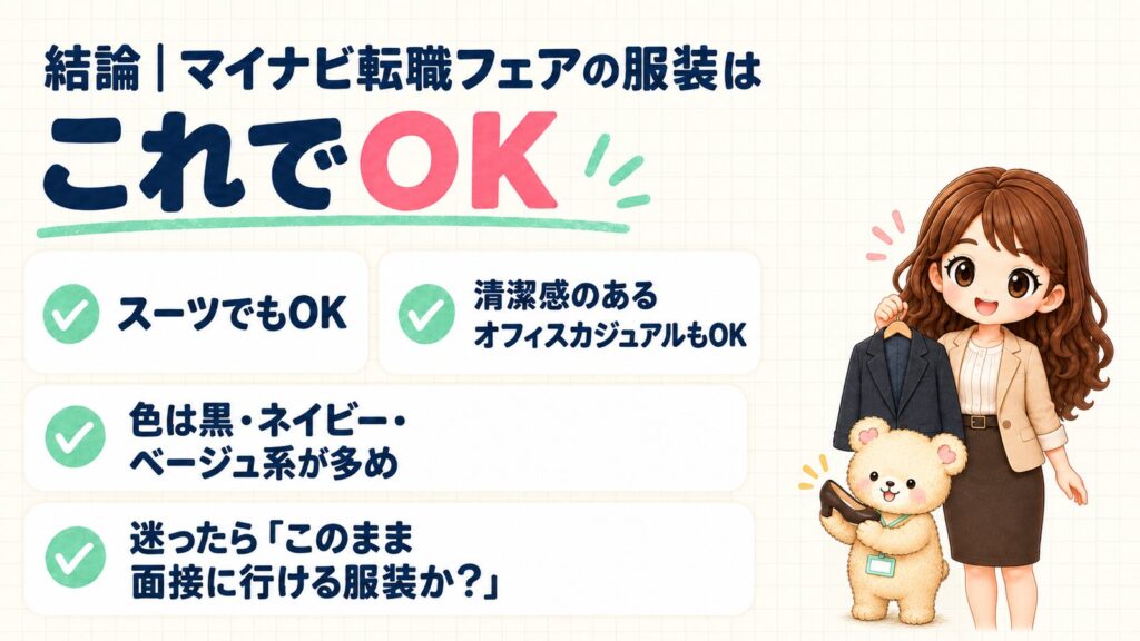 マイナビ転職フェアの服装の結論。スーツでもOK、清潔感のあるオフィスカジュアルもOK。色は黒・ネイビー・ベージュ系が多め。迷ったら「このまま面接に行ける服装か？」を基準に選ぶ