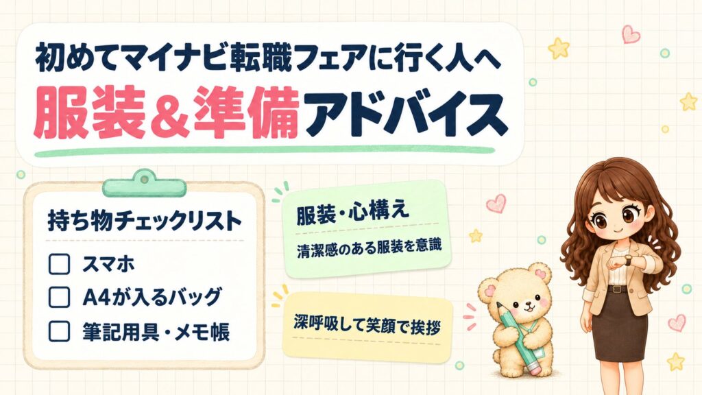 初めてマイナビ転職フェアに行く人への服装＆準備アドバイス。持ち物チェックリストはスマホ・A4が入るバッグ・筆記用具とメモ帳。清潔感のある服装を意識し、深呼吸して笑顔で挨拶